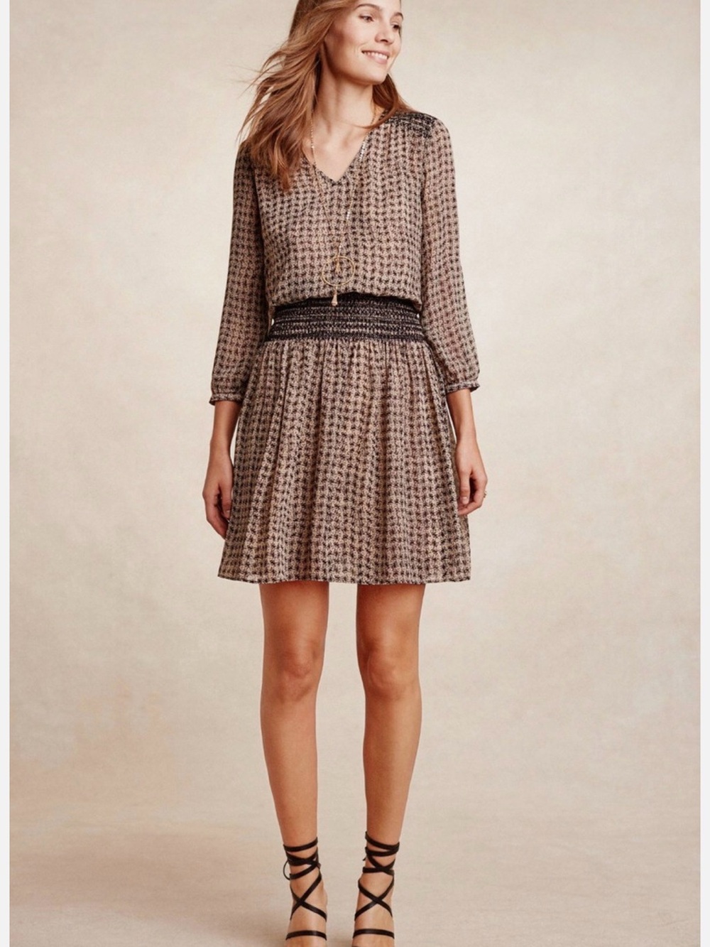 Woven Print Smocked-Waist Mini Dress in Taupe